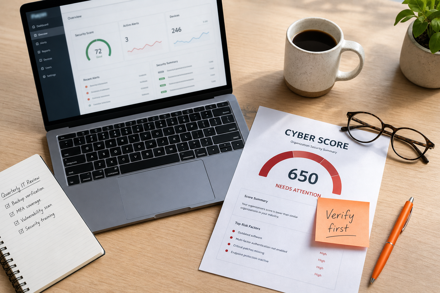 Desk flat lay with cyber score report and Verify first sticky note