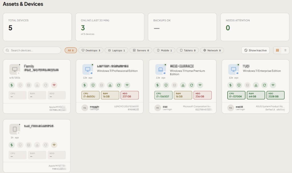 Assets and devices grid view with status indicators