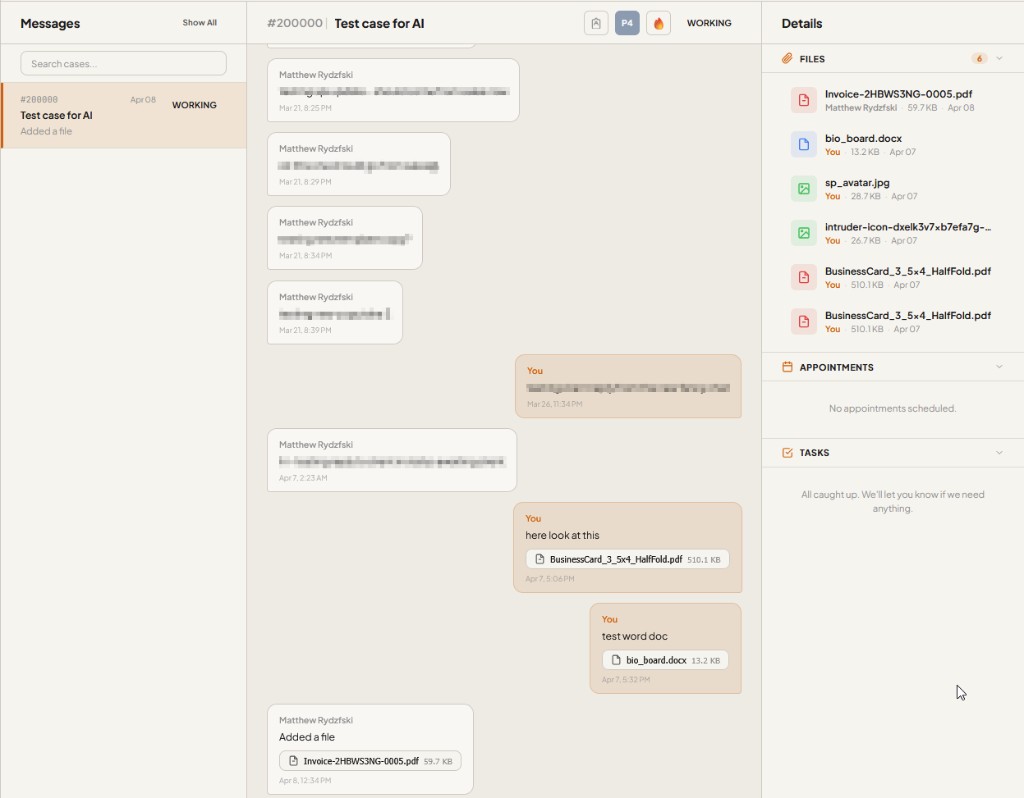 Case thread with file attachments and status sidebar
