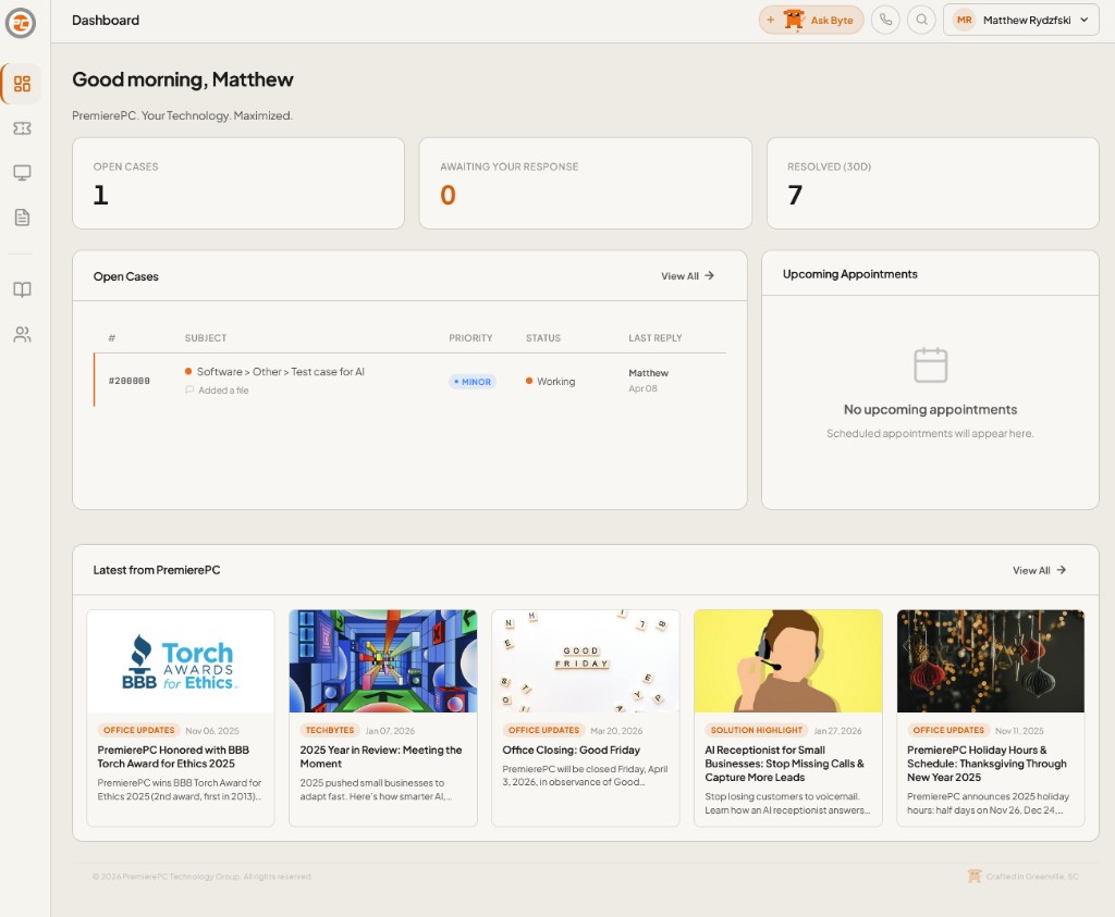 PremierePC client portal dashboard showing open cases, appointments, and latest news